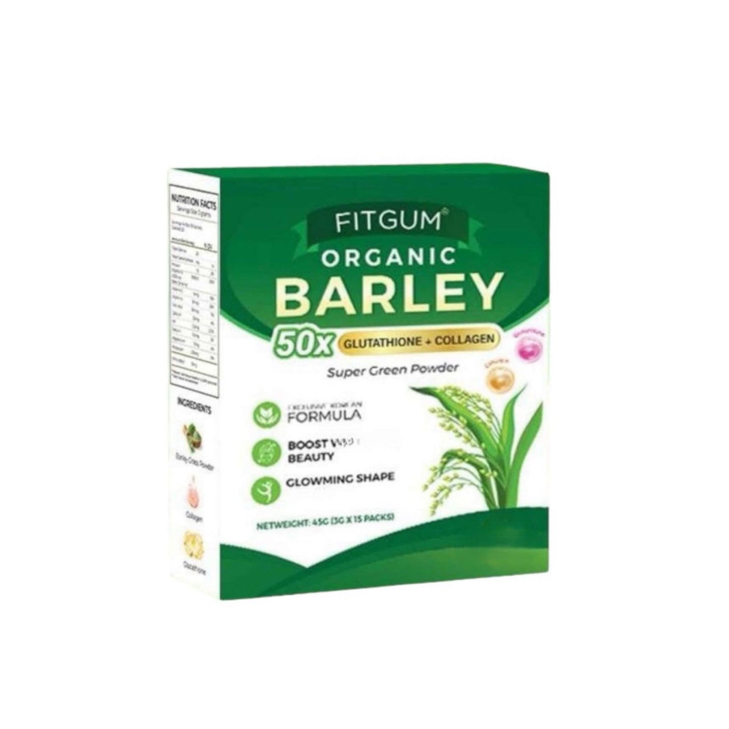 FIT Gum Organic Barley 50X Glutathione & Collagen Super Green Powder - 3g x 15 Sachets - dailyvitalstore