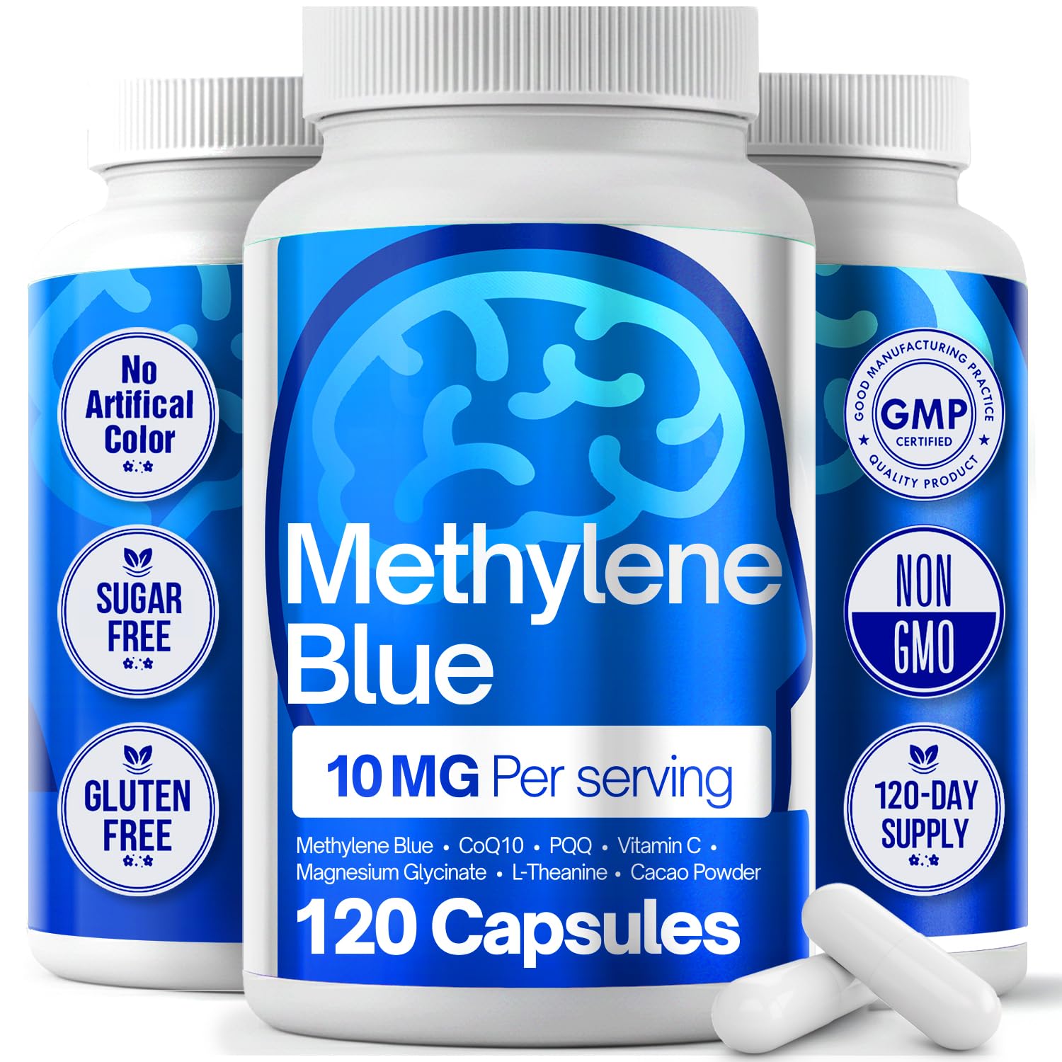 FitVitality Methylene Blue Capsules – Formulate CoQ10, PQQ, Vitamin C, L-Theanine, Cacao – 120 Vegan Capsules per Bottle – No Flavor, Easy Daily Use - dailyvitalstore