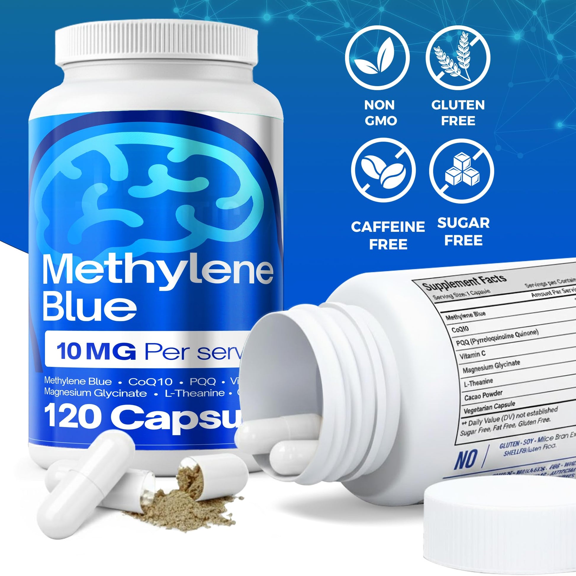 FitVitality Methylene Blue Capsules – Formulate CoQ10, PQQ, Vitamin C, L-Theanine, Cacao – 120 Vegan Capsules per Bottle – No Flavor, Easy Daily Use - dailyvitalstore