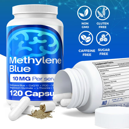 FitVitality Methylene Blue Capsules – Formulate CoQ10, PQQ, Vitamin C, L-Theanine, Cacao – 120 Vegan Capsules per Bottle – No Flavor, Easy Daily Use - dailyvitalstore