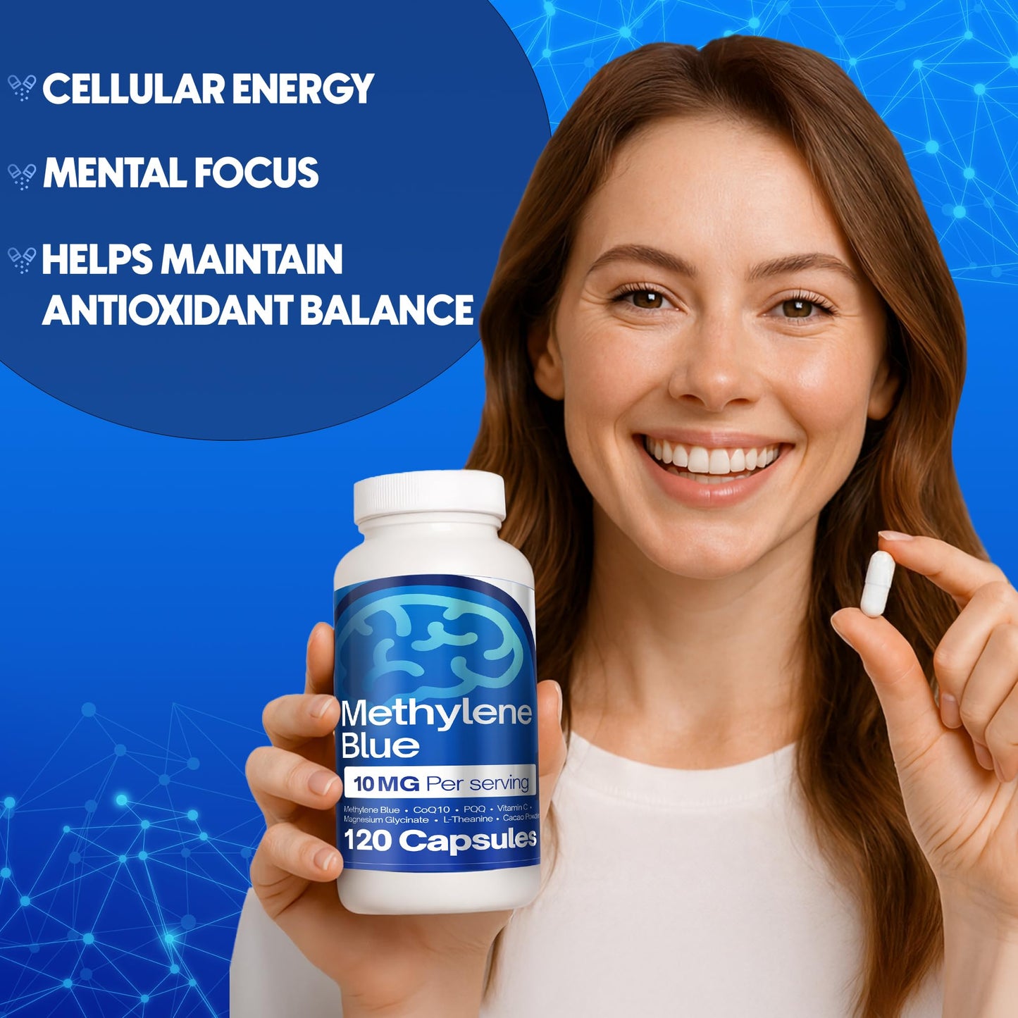 FitVitality Methylene Blue Capsules – Formulate CoQ10, PQQ, Vitamin C, L-Theanine, Cacao – 120 Vegan Capsules per Bottle – No Flavor, Easy Daily Use - dailyvitalstore