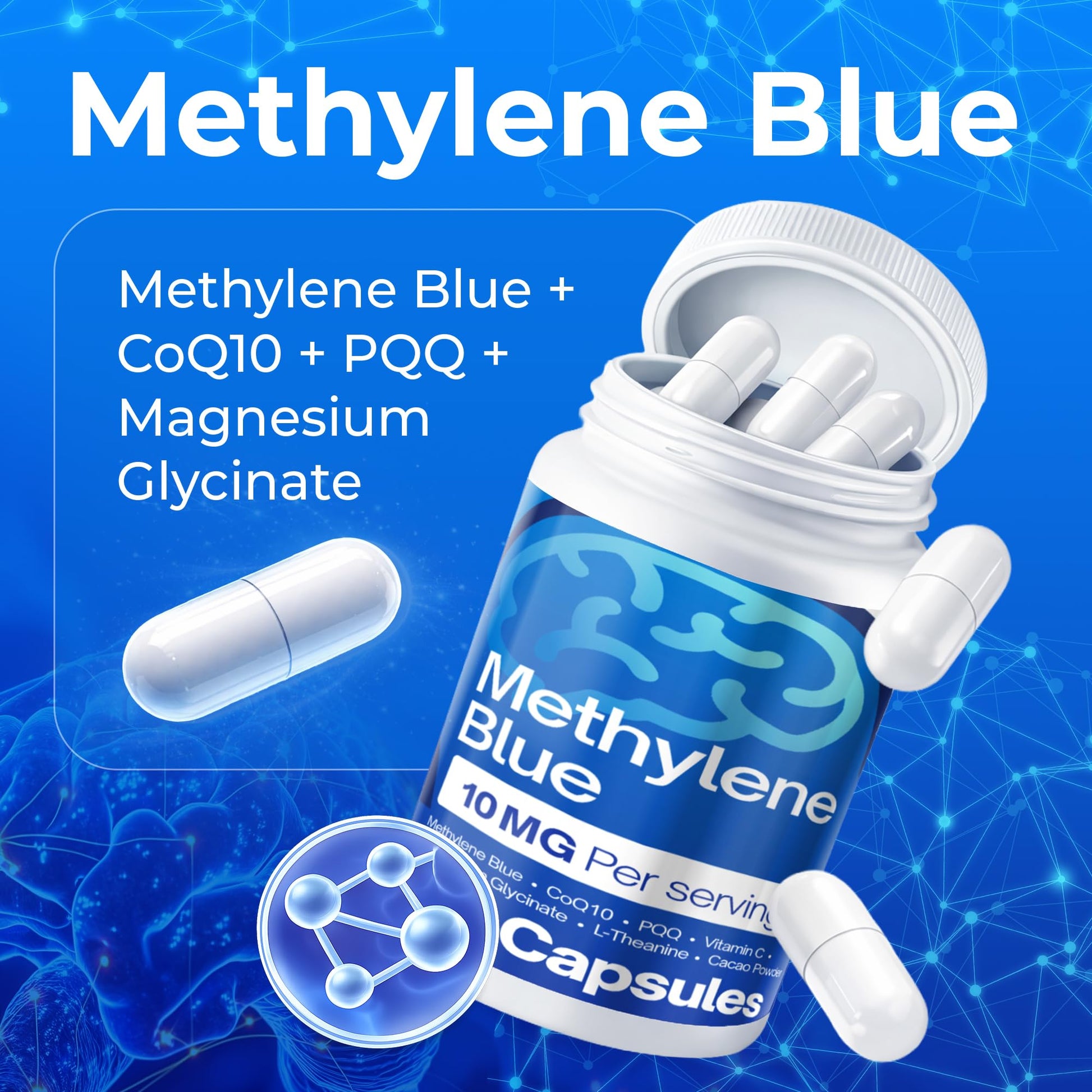 FitVitality Methylene Blue Capsules – Formulate CoQ10, PQQ, Vitamin C, L-Theanine, Cacao – 120 Vegan Capsules per Bottle – No Flavor, Easy Daily Use - dailyvitalstore