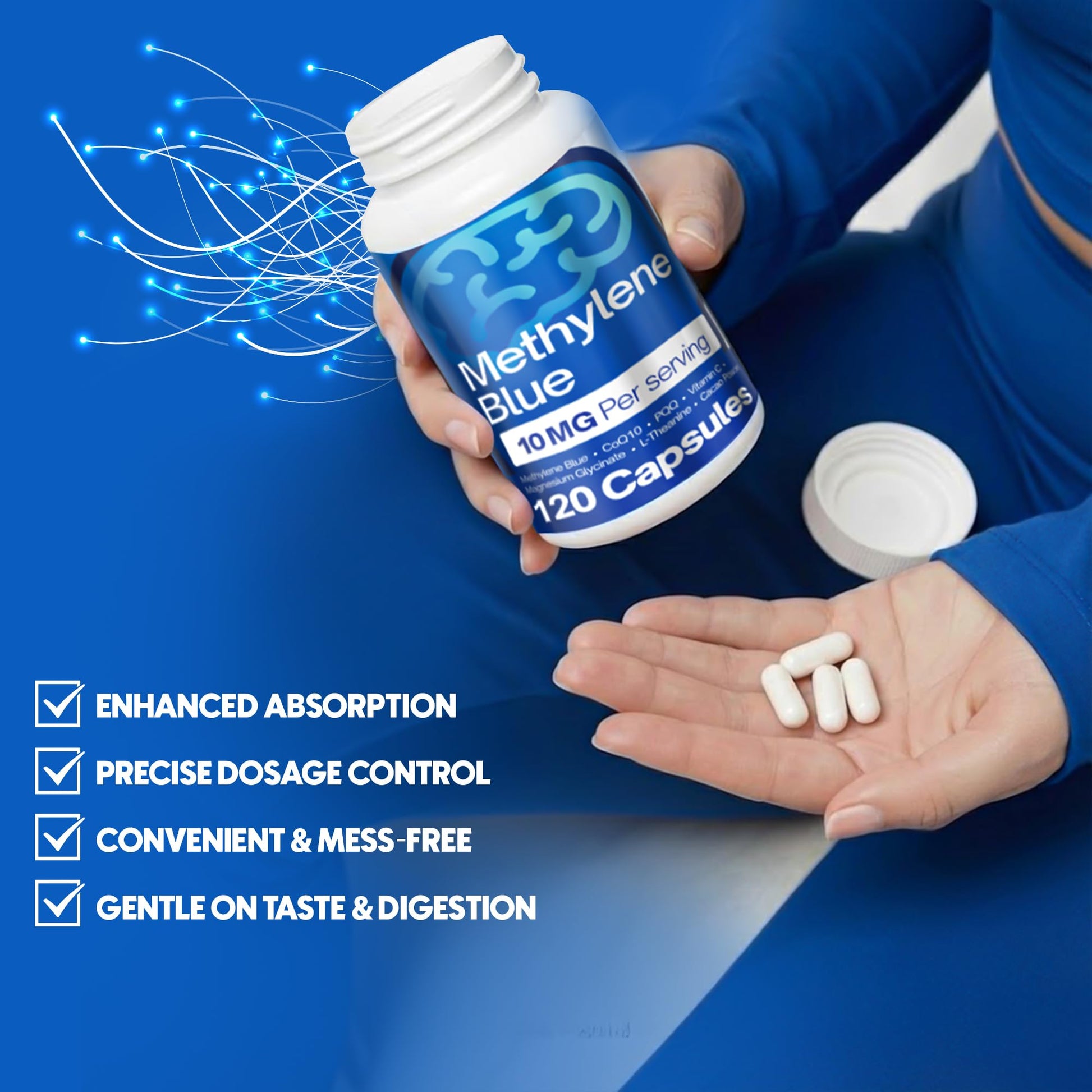 FitVitality Methylene Blue Capsules – Formulate CoQ10, PQQ, Vitamin C, L-Theanine, Cacao – 120 Vegan Capsules per Bottle – No Flavor, Easy Daily Use - dailyvitalstore