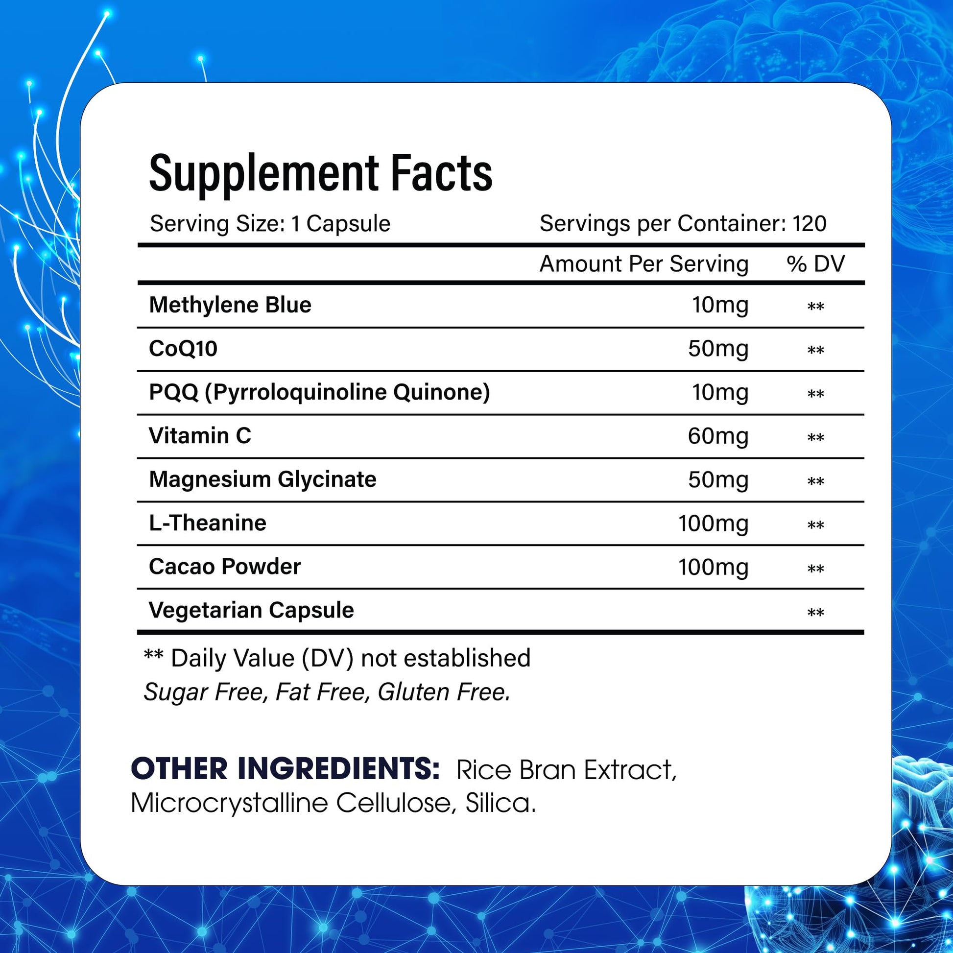 FitVitality Methylene Blue Capsules – Formulate CoQ10, PQQ, Vitamin C, L-Theanine, Cacao – 120 Vegan Capsules per Bottle – No Flavor, Easy Daily Use - dailyvitalstore