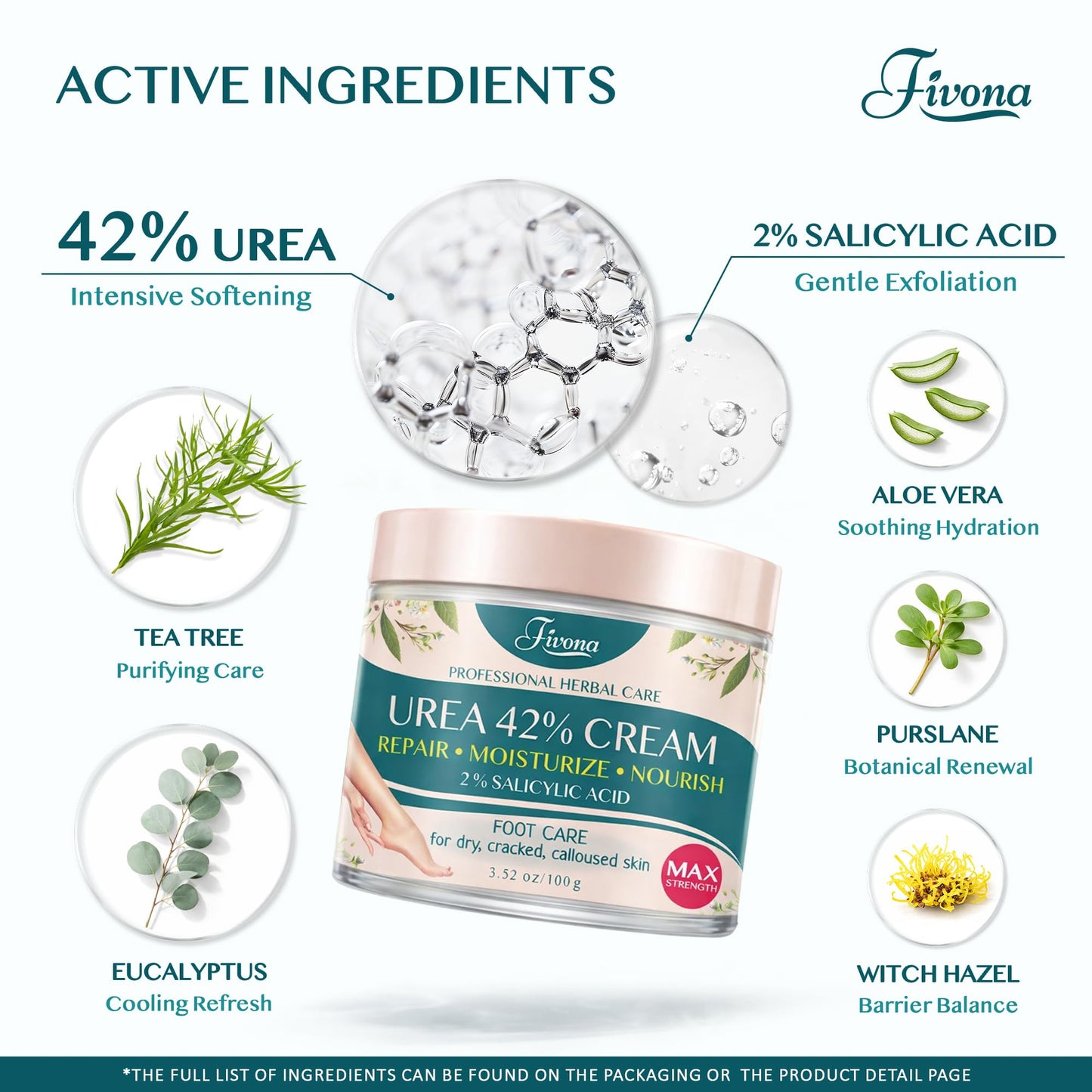 FIVONA 42% Urea Foot Cream for Thick, Rough Dry Skin - Maximum Strength Callus Softening with 2% Salicylic Acid, Tea Tree & Aloe Vera, 100g (3.5 oz) - Deep Moisturizing Foot Care - dailyvitalstore