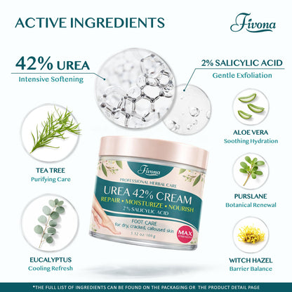 FIVONA 42% Urea Foot Cream for Thick, Rough Dry Skin - Maximum Strength Callus Softening with 2% Salicylic Acid, Tea Tree & Aloe Vera, 100g (3.5 oz) - Deep Moisturizing Foot Care - dailyvitalstore