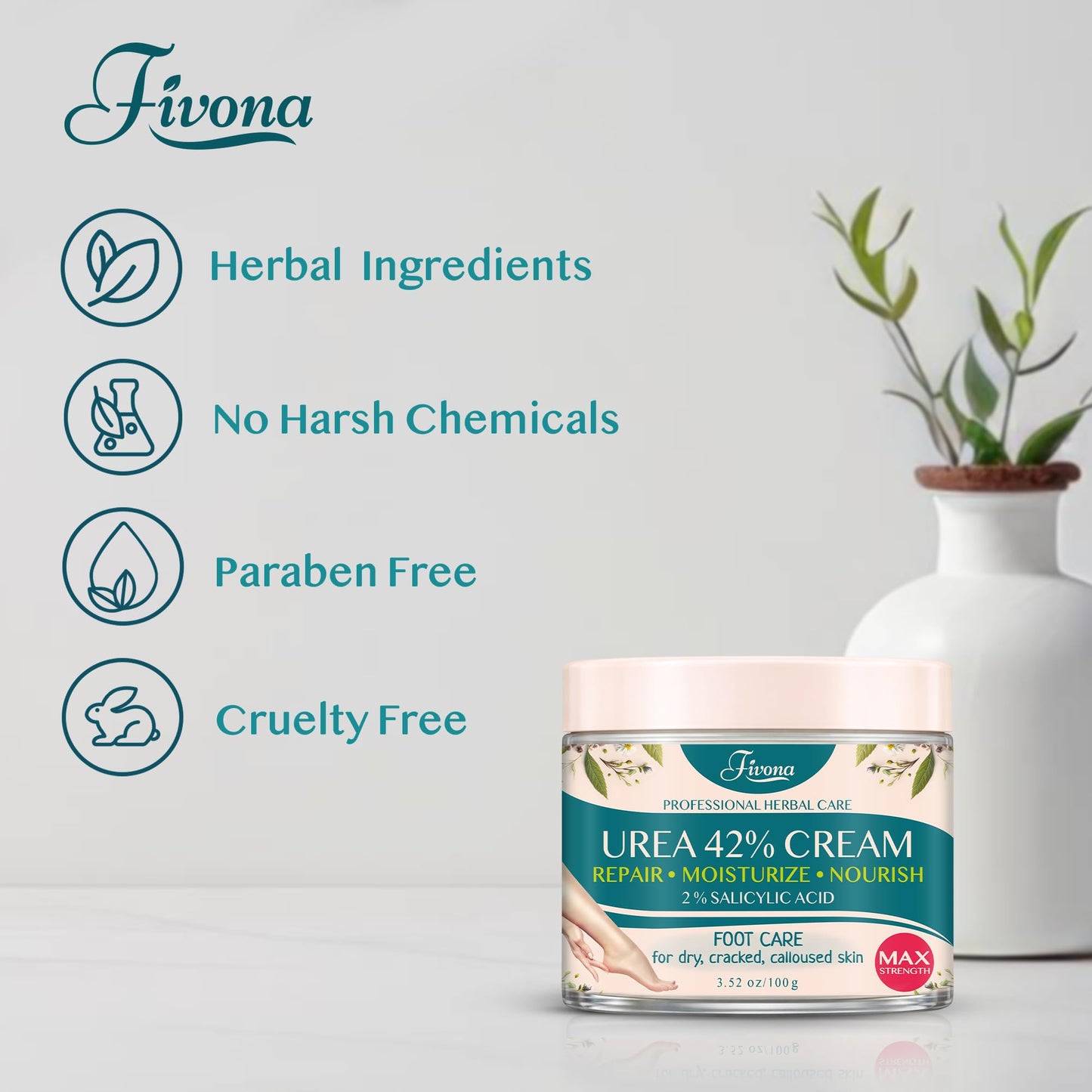 FIVONA 42% Urea Foot Cream for Thick, Rough Dry Skin - Maximum Strength Callus Softening with 2% Salicylic Acid, Tea Tree & Aloe Vera, 100g (3.5 oz) - Deep Moisturizing Foot Care - dailyvitalstore