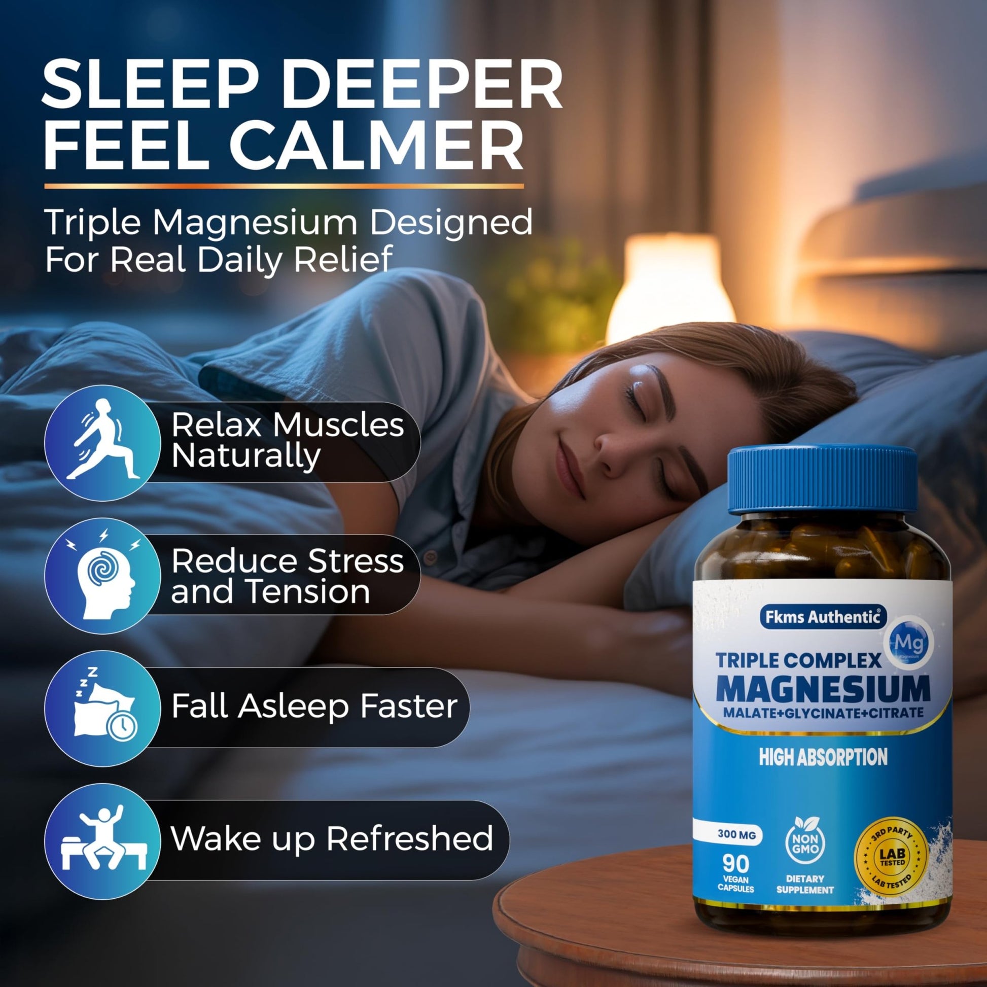 FKMS Authentic Triple Magnesium Complex | 300mg Magnesium Glycinate, Malate & Citrate for Sleep, Stress & Muscle Support | Non-GMO, Vegan, Gentle on Stomach | High Absorption | 90 Capsules - dailyvitalstore
