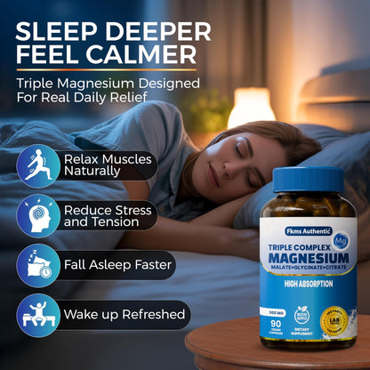 FKMS Authentic Triple Magnesium Complex | 300mg Magnesium Glycinate, Malate & Citrate for Sleep, Stress & Muscle Support | Non-GMO, Vegan, Gentle on Stomach | High Absorption | 90 Capsules - dailyvitalstore