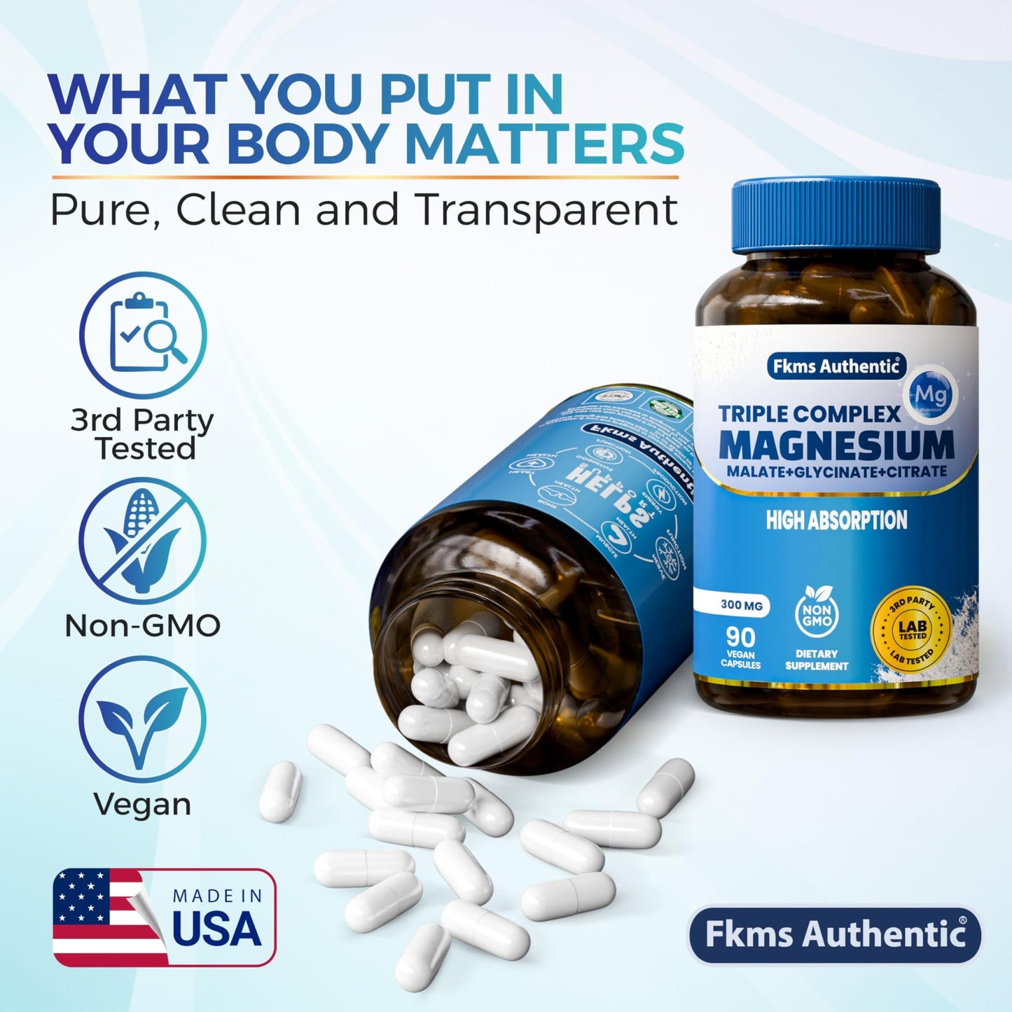 FKMS Authentic Triple Magnesium Complex | 300mg Magnesium Glycinate, Malate & Citrate for Sleep, Stress & Muscle Support | Non-GMO, Vegan, Gentle on Stomach | High Absorption | 90 Capsules - dailyvitalstore