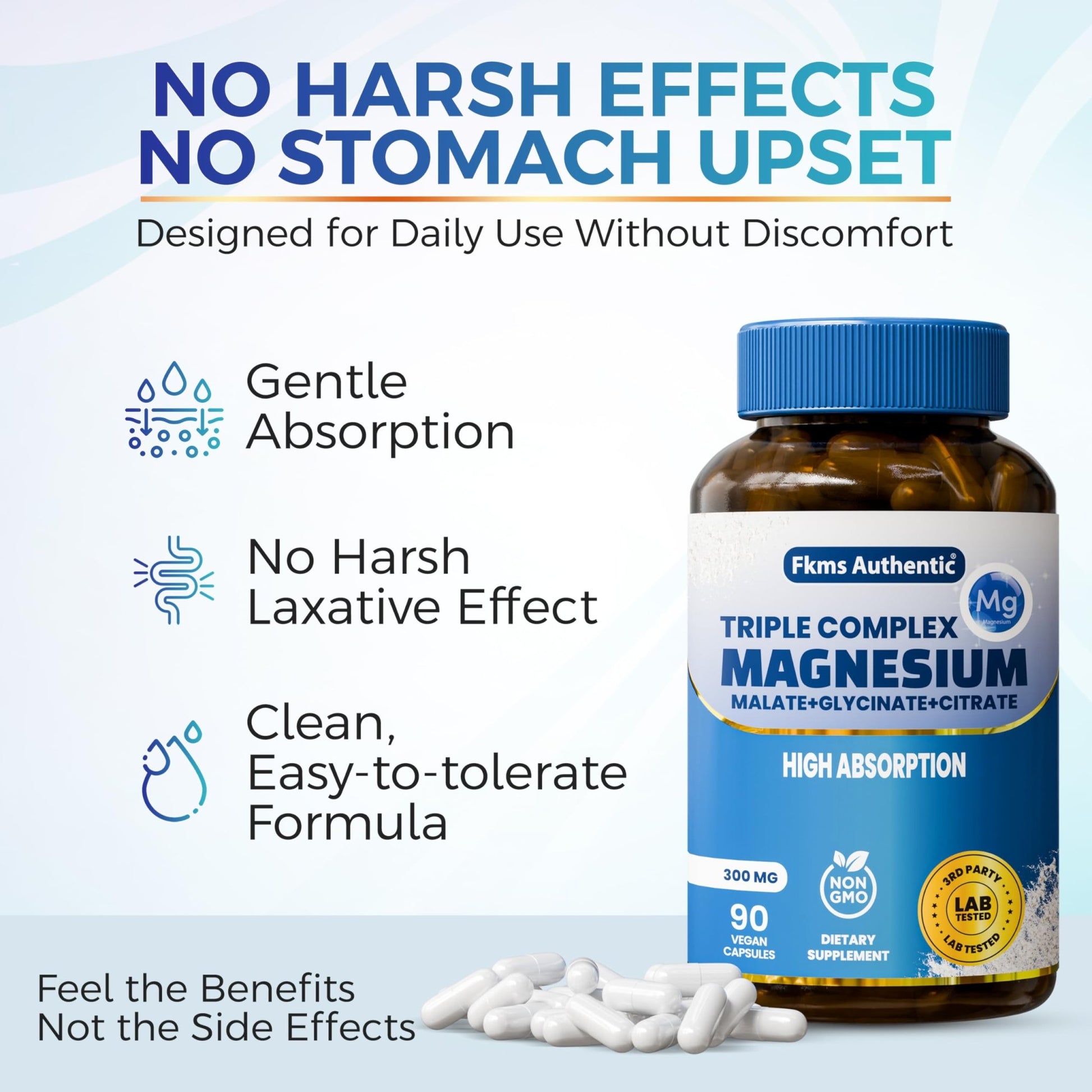 FKMS Authentic Triple Magnesium Complex | 300mg Magnesium Glycinate, Malate & Citrate for Sleep, Stress & Muscle Support | Non-GMO, Vegan, Gentle on Stomach | High Absorption | 90 Capsules - dailyvitalstore