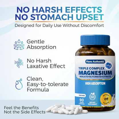 FKMS Authentic Triple Magnesium Complex | 300mg Magnesium Glycinate, Malate & Citrate for Sleep, Stress & Muscle Support | Non-GMO, Vegan, Gentle on Stomach | High Absorption | 90 Capsules - dailyvitalstore