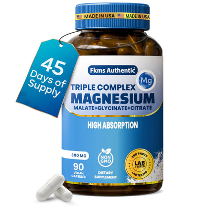 FKMS Authentic Triple Magnesium Complex | 300mg Magnesium Glycinate, Malate & Citrate for Sleep, Stress & Muscle Support | Non-GMO, Vegan, Gentle on Stomach | High Absorption | 90 Capsules - dailyvitalstore