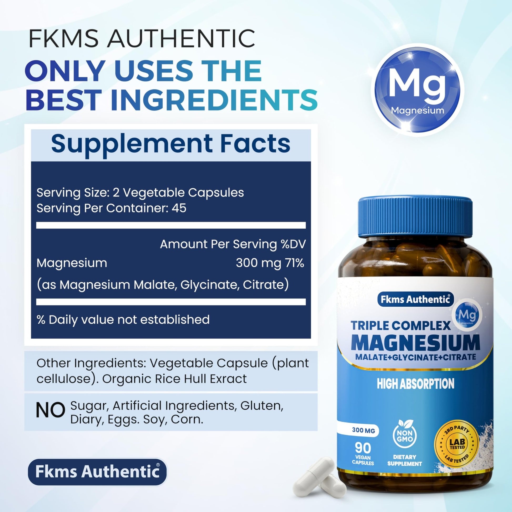 FKMS Authentic Triple Magnesium Complex | 300mg Magnesium Glycinate, Malate & Citrate for Sleep, Stress & Muscle Support | Non-GMO, Vegan, Gentle on Stomach | High Absorption | 90 Capsules - dailyvitalstore