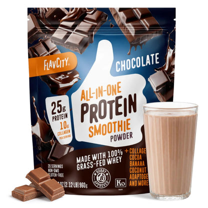 FlavCity Chocolate All in One Protein Shake Powder - On the Go Meal Alternative + Collagen Peptides, Reishi & Cordyceps - Focus, Skin, Hair & Joint Support - dailyvitalstore