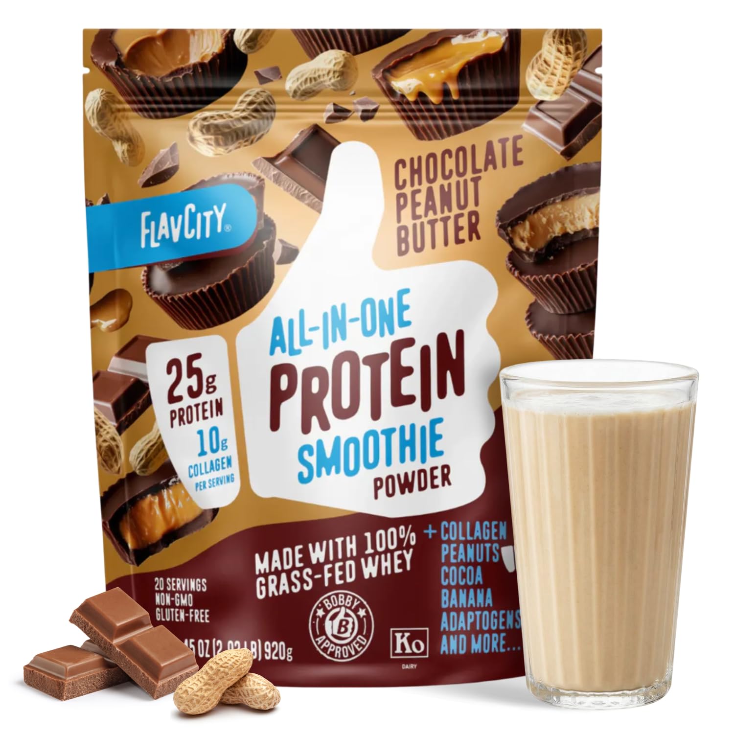 FlavCity Grass Fed Whey Chocolate Protein Powder - Chocolate Peanut Butter - 25g Protein & 10g Collagen - Made with Organic Cocoa & Coconut Milk - Gluten Free & No Added Sugars (20 Servings) - dailyvitalstore