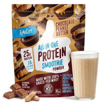 FlavCity Grass Fed Whey Chocolate Protein Powder - Chocolate Peanut Butter - 25g Protein & 10g Collagen - Made with Organic Cocoa & Coconut Milk - Gluten Free & No Added Sugars (20 Servings) - dailyvitalstore