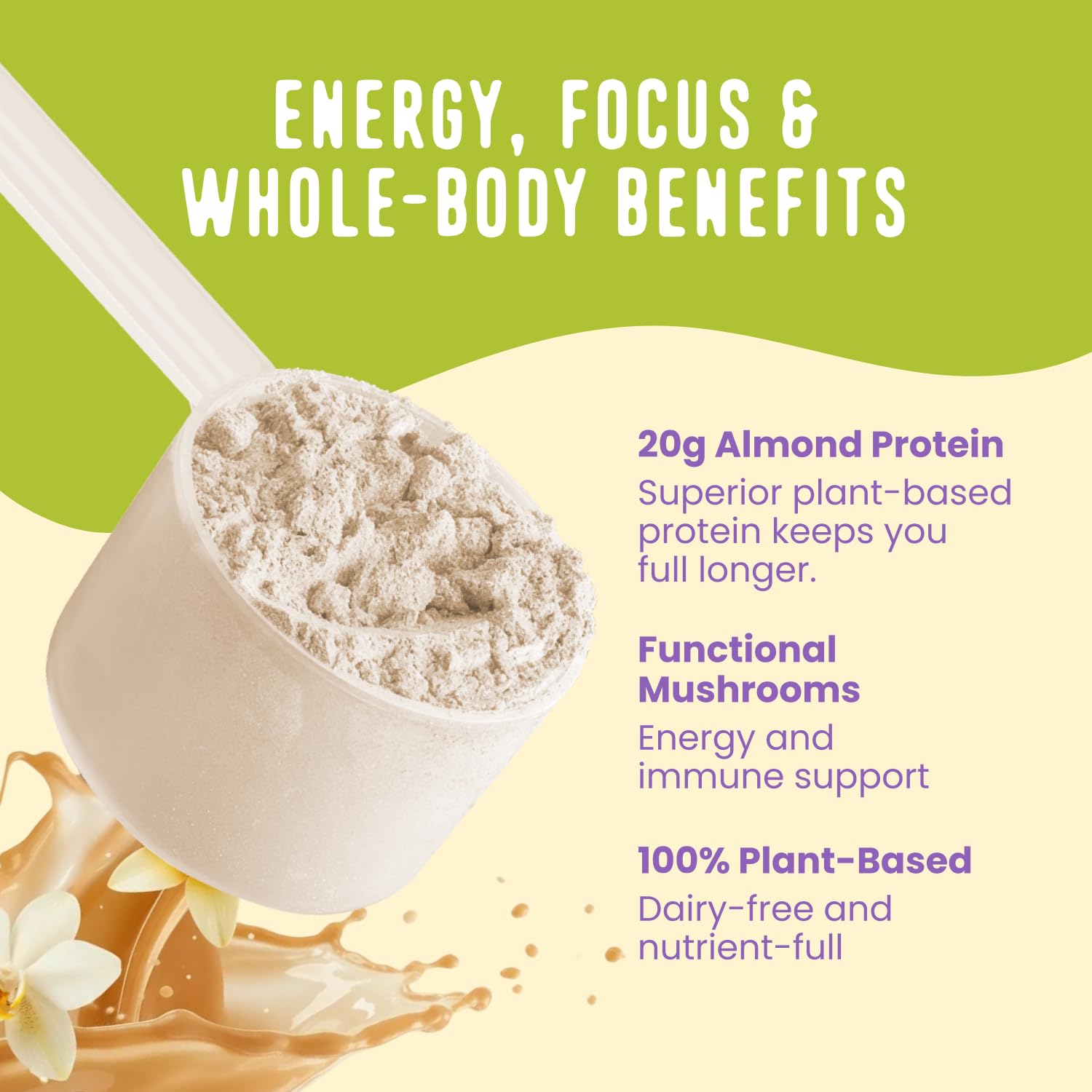 FlavCity Vegan Almond Protein Shake Powder, Vanilla Cream + Reishi & Cordyceps Mushrooms - Focus, Skin, Hair & Joint Support - Organic Fruit All in One Smoothie On-the-Go, 20 Servings - dailyvitalstore