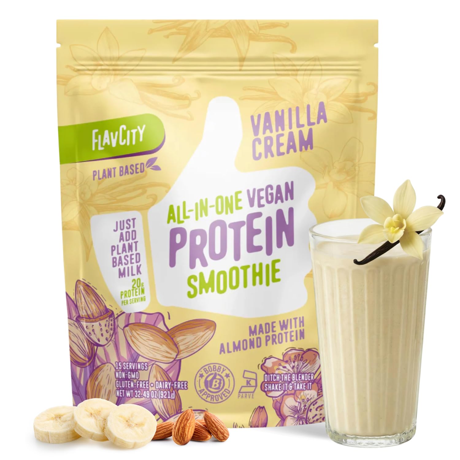 FlavCity Vegan Almond Protein Shake Powder, Vanilla Cream + Reishi & Cordyceps Mushrooms - Focus, Skin, Hair & Joint Support - Organic Fruit All in One Smoothie On-the-Go, 20 Servings - dailyvitalstore