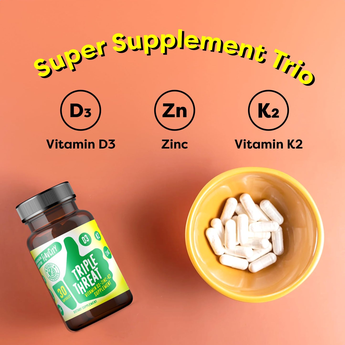 FlavCity Vitamin D3, K2 & Zinc - Triple Threat Supplement - Daily or Seasonal Immune Support - Vitamin D with K2 for Enhanced Absorption - dailyvitalstore