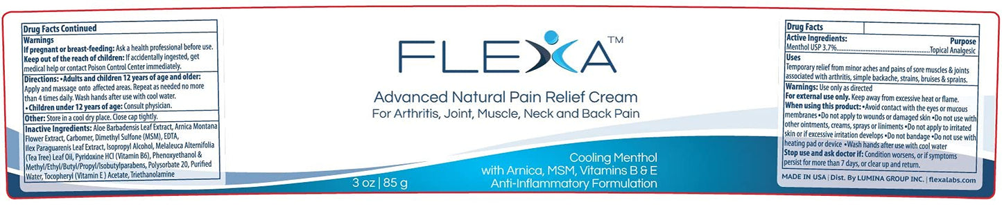 FLEXA Natural Relief Cream - Use on Muscles, Back, Neck, and Joints - with Arnica, Menthol, MSM, Ilex Leaf, and Tea Tree Oil - 3 Oz Jar - dailyvitalstore