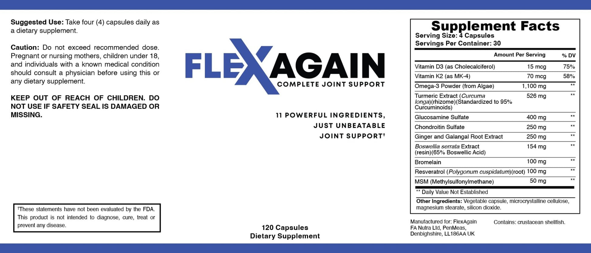 FlexAgain - Fully Comprehensive Joint Support - 120 Capsules - 1 Month Supply - dailyvitalstore