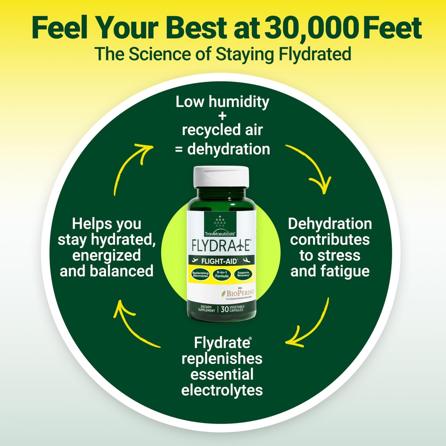 Flight-Aid | Replenishing Electrolyte Hydration Capsules Made for Travel, Jet Lag, Fatigue & Recovery | 9-in-1 Formula with Essential Electrolytes, Vitamins, Minerals & Bioperine® | 30 Capsules - dailyvitalstore