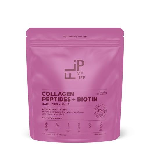 Flip My Life Collagen Peptides + Biotin, Hyaluronic Acid & Vitamin C - For Hair, Skin, Nails - Gut Health/Joint Support - Ageless Beauty Blend Supplement Powder for Men/Women - 9g Protein—26 Servings - dailyvitalstore