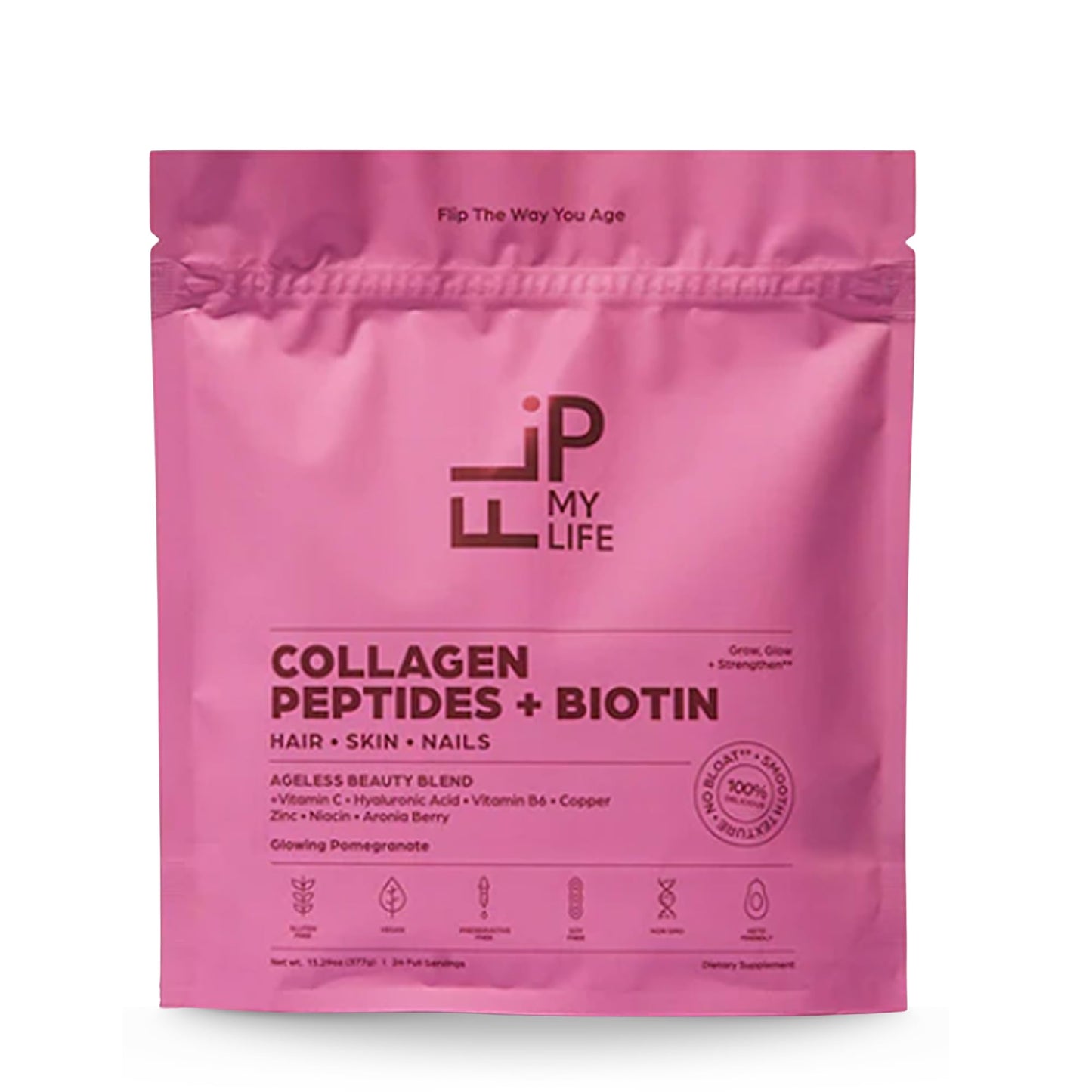 Flip My Life Collagen Peptides + Biotin, Hyaluronic Acid & Vitamin C - For Hair, Skin, Nails - Gut Health/Joint Support - Ageless Beauty Blend Supplement Powder for Men/Women - 9g Protein—26 Servings - dailyvitalstore