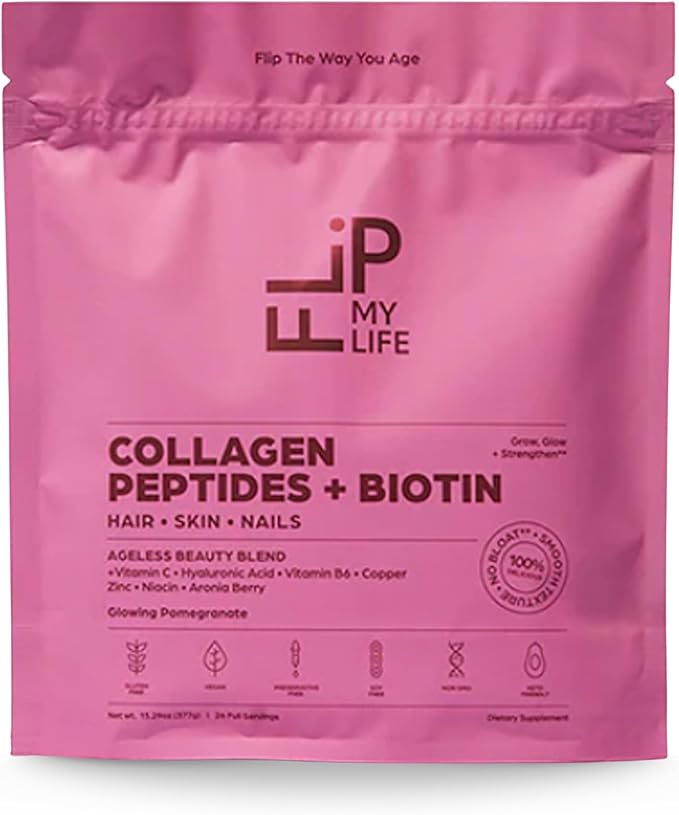 Flip My Life Collagen Peptides + Biotin, Hyaluronic Acid & Vitamin C - For Hair, Skin, Nails - Gut Health/Joint Support - Ageless Beauty Blend Supplement Powder for Men/Women - 9g Protein—26 Servings - dailyvitalstore