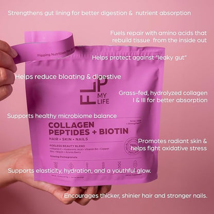 Flip My Life Collagen Peptides + Biotin, Hyaluronic Acid & Vitamin C - For Hair, Skin, Nails - Gut Health/Joint Support - Ageless Beauty Blend Supplement Powder for Men/Women - 9g Protein—26 Servings - dailyvitalstore