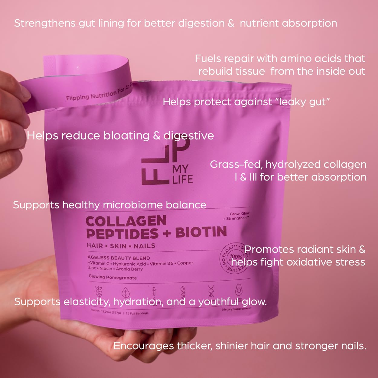 Flip My Life Collagen Peptides + Biotin, Hyaluronic Acid & Vitamin C - For Hair, Skin, Nails - Gut Health/Joint Support - Ageless Beauty Blend Supplement Powder for Men/Women - 9g Protein—26 Servings - dailyvitalstore