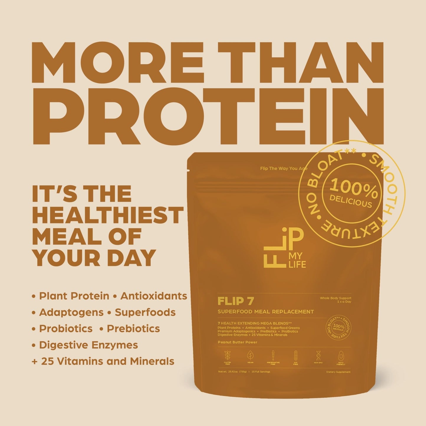 Flip My Life, Flip 7 Natural SuperFood, Plant-Based Protein, Complete Meal Replacement to Support Healthy Gut, 7 Mega Nutrient Rich Blends all in one to AGE BETTER - Peanut Butter - dailyvitalstore