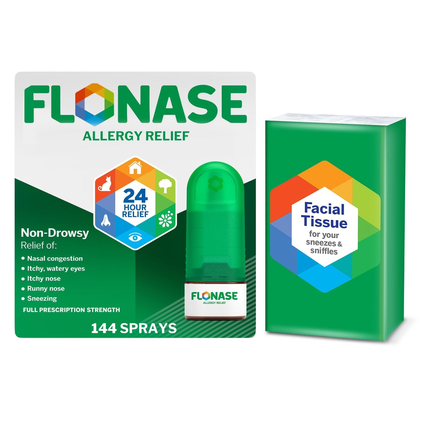 Flonase Allergy Relief Nasal Spray, 24-Hour Non-Drowsy Multi-Symptom Relief 144 Sprays, Bonus Pack of Tissues - dailyvitalstore