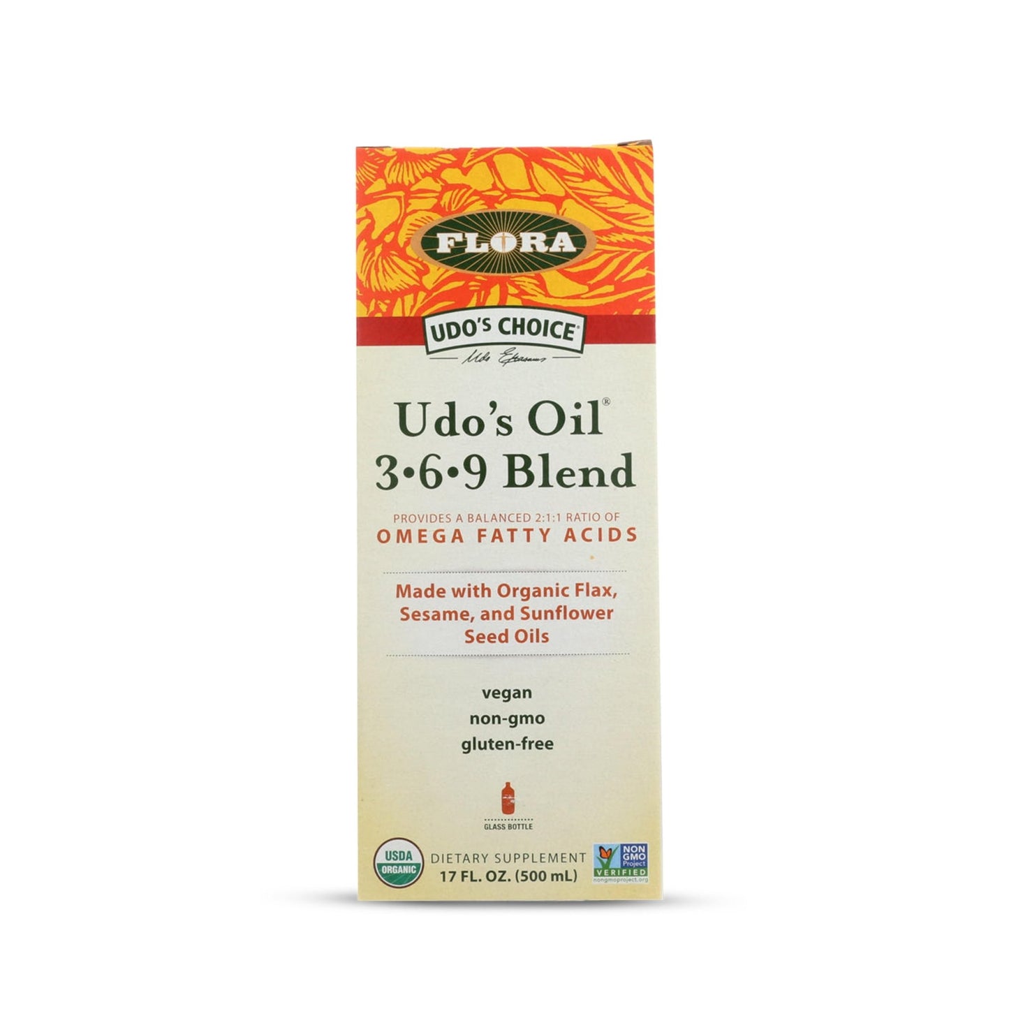 Flora - Udo's Choice Omega 369 Oil Blend, Made with Organic Flax, Sesame & Sunflower Seed Oils, Plant-Based Vegan Omega Fatty Acids, Based on Ideal 2:1:1 Ratio, 17-fl, oz. Glass Bottle - dailyvitalstore