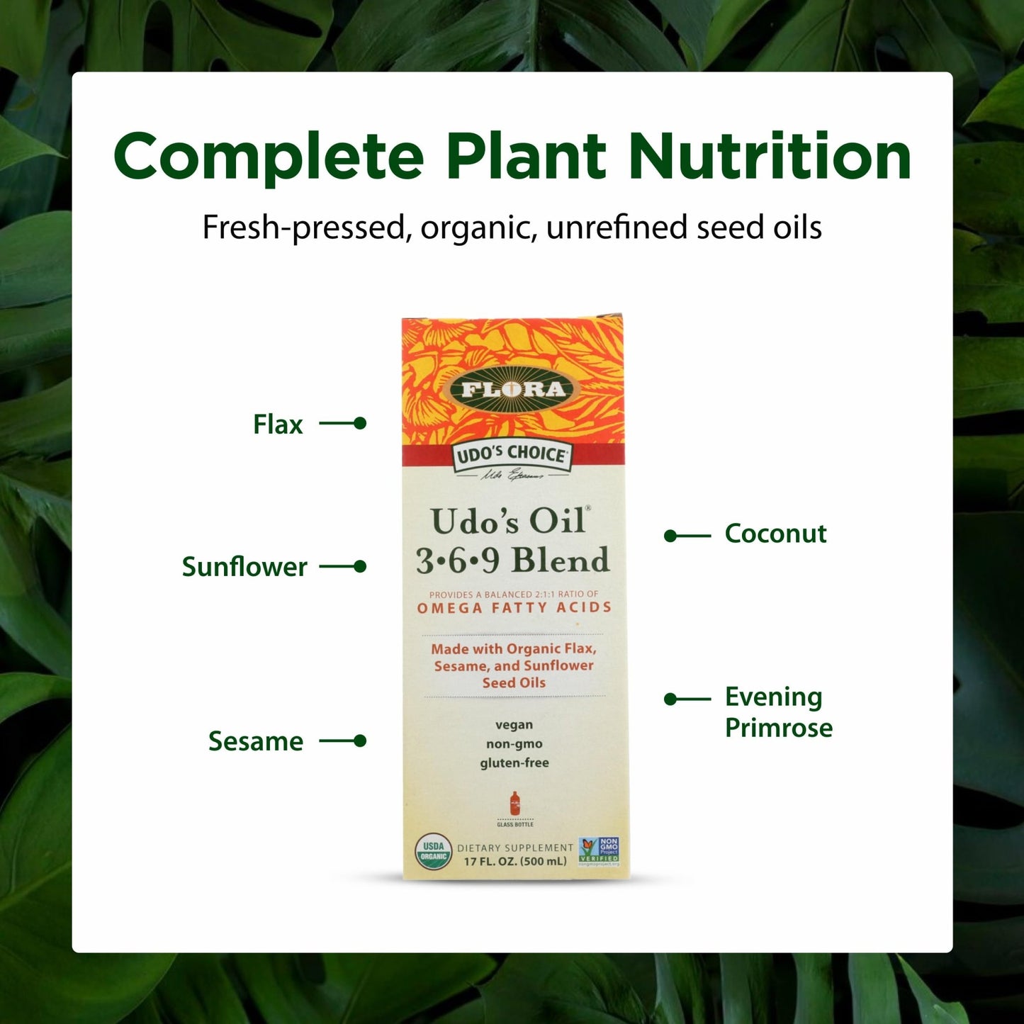 Flora - Udo's Choice Omega 369 Oil Blend, Made with Organic Flax, Sesame & Sunflower Seed Oils, Plant-Based Vegan Omega Fatty Acids, Based on Ideal 2:1:1 Ratio, 17-fl, oz. Glass Bottle - dailyvitalstore