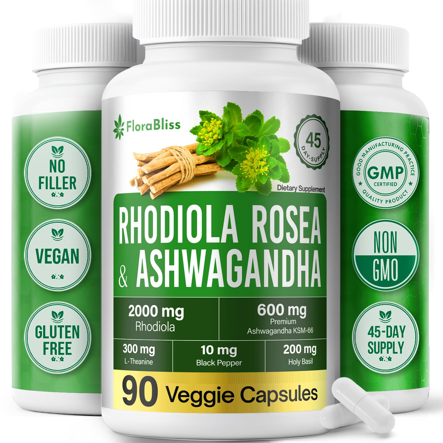 FloraBliss Rhodiola Rosea with Ashwagandha KSM-66, L-Theanine, Holy Basil & Black Pepper - 90 High Potency Vegan Capsules - 45-Day Supply - dailyvitalstore