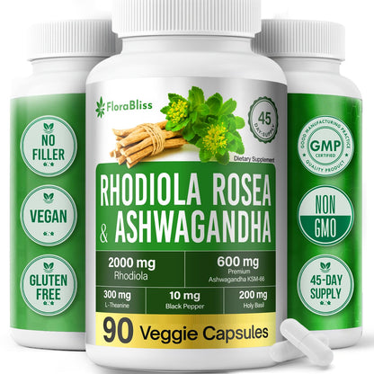 FloraBliss Rhodiola Rosea with Ashwagandha KSM-66, L-Theanine, Holy Basil & Black Pepper - 90 High Potency Vegan Capsules - 45-Day Supply - dailyvitalstore