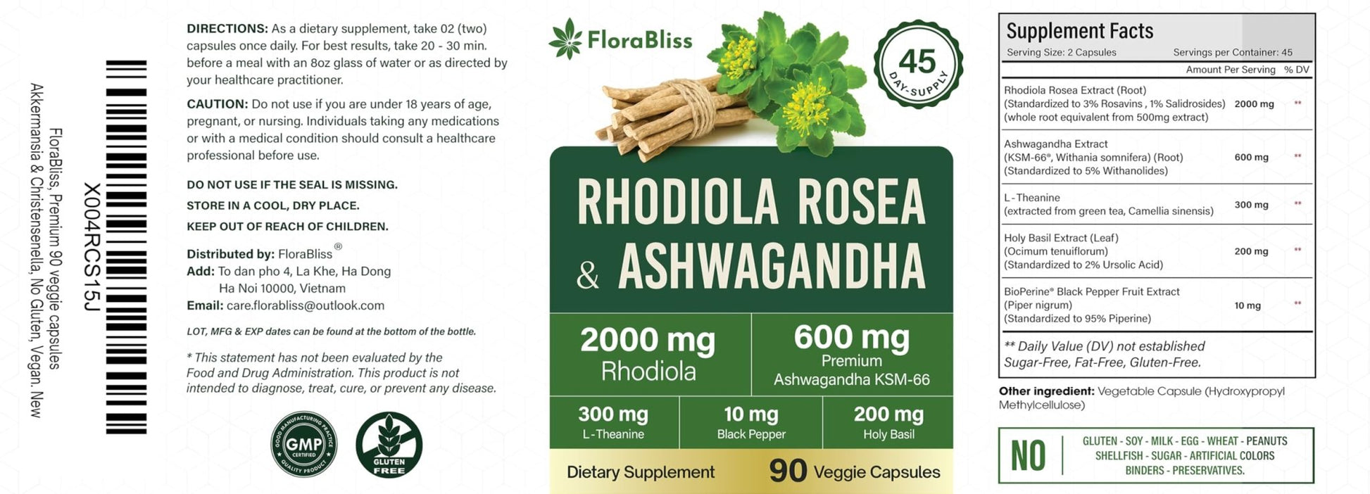 FloraBliss Rhodiola Rosea with Ashwagandha KSM-66, L-Theanine, Holy Basil & Black Pepper - 90 High Potency Vegan Capsules - 45-Day Supply - dailyvitalstore