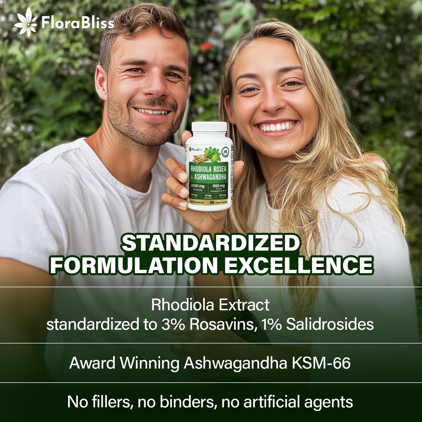 FloraBliss Rhodiola Rosea with Ashwagandha KSM-66, L-Theanine, Holy Basil & Black Pepper - 90 High Potency Vegan Capsules - 45-Day Supply - dailyvitalstore