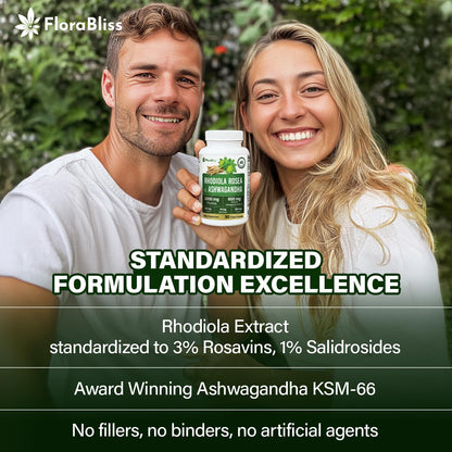 FloraBliss Rhodiola Rosea with Ashwagandha KSM-66, L-Theanine, Holy Basil & Black Pepper - 90 High Potency Vegan Capsules - 45-Day Supply - dailyvitalstore