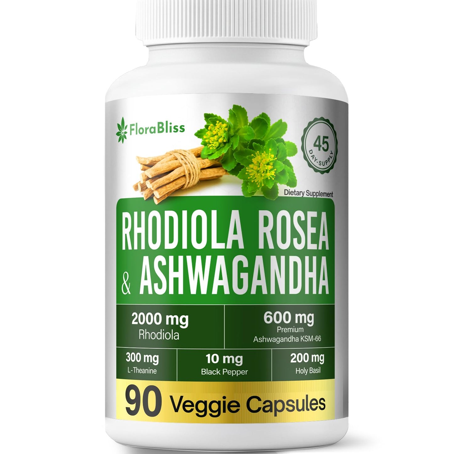 FloraBliss Rhodiola Rosea with Ashwagandha KSM-66, L-Theanine, Holy Basil & Black Pepper - 90 High Potency Vegan Capsules - 45-Day Supply - dailyvitalstore