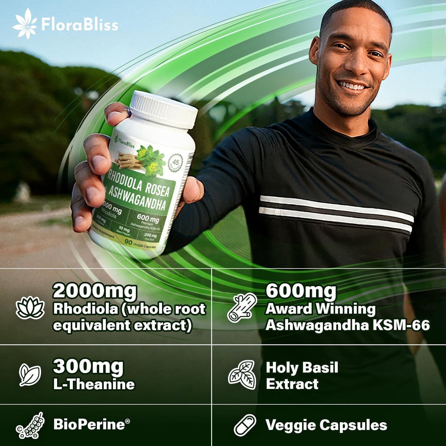FloraBliss Rhodiola Rosea with Ashwagandha KSM-66, L-Theanine, Holy Basil & Black Pepper - 90 High Potency Vegan Capsules - 45-Day Supply - dailyvitalstore