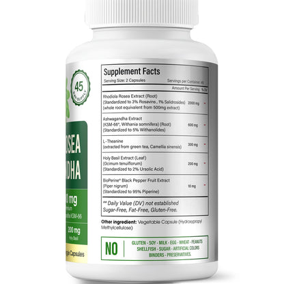 FloraBliss Rhodiola Rosea with Ashwagandha KSM-66, L-Theanine, Holy Basil & Black Pepper - 90 High Potency Vegan Capsules - 45-Day Supply - dailyvitalstore