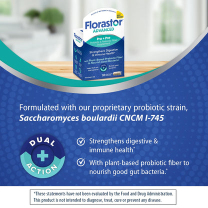 Florastor Advanced Pro+Pre Daily Probiotic and Prebiotic Supplement for Women and Men, Boosts Good Bacteria, Saccharomyces Boulardii - dailyvitalstore