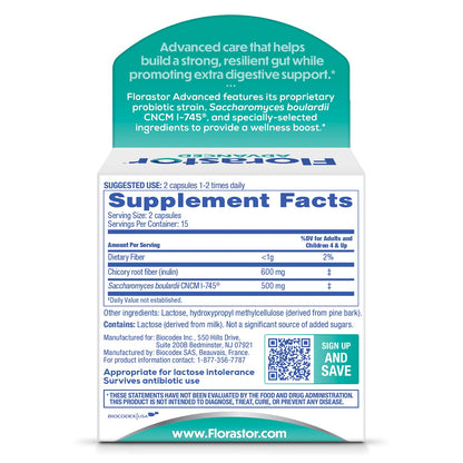 Florastor Advanced Pro+Pre Daily Probiotic and Prebiotic Supplement for Women and Men, Boosts Good Bacteria, Saccharomyces Boulardii - dailyvitalstore