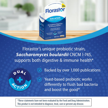 Florastor Probiotics for Digestive and Immune Health, 30 Capsules, Probiotics for Women & Men, Helps Flush Out Bad Bacteria, Boosts The Good with Our Unique Strain Saccharomyces Boulardii - dailyvitalstore