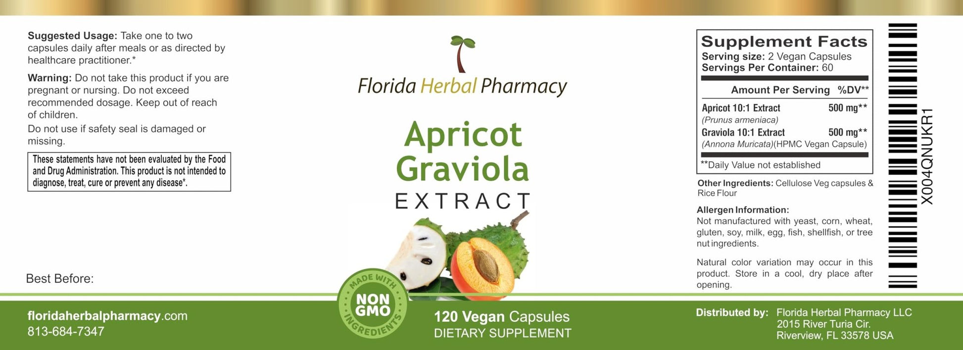 Florida Herbal Pharmacy, Apricot-Graviola Supplement Capsules 10:1 (120 Capsules), 1000 mg Serving (Pack of 1) - dailyvitalstore