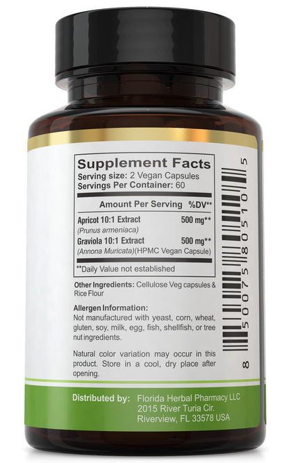 Florida Herbal Pharmacy, Apricot-Graviola Supplement Capsules 10:1 (120 Capsules), 1000 mg Serving (Pack of 1) - dailyvitalstore