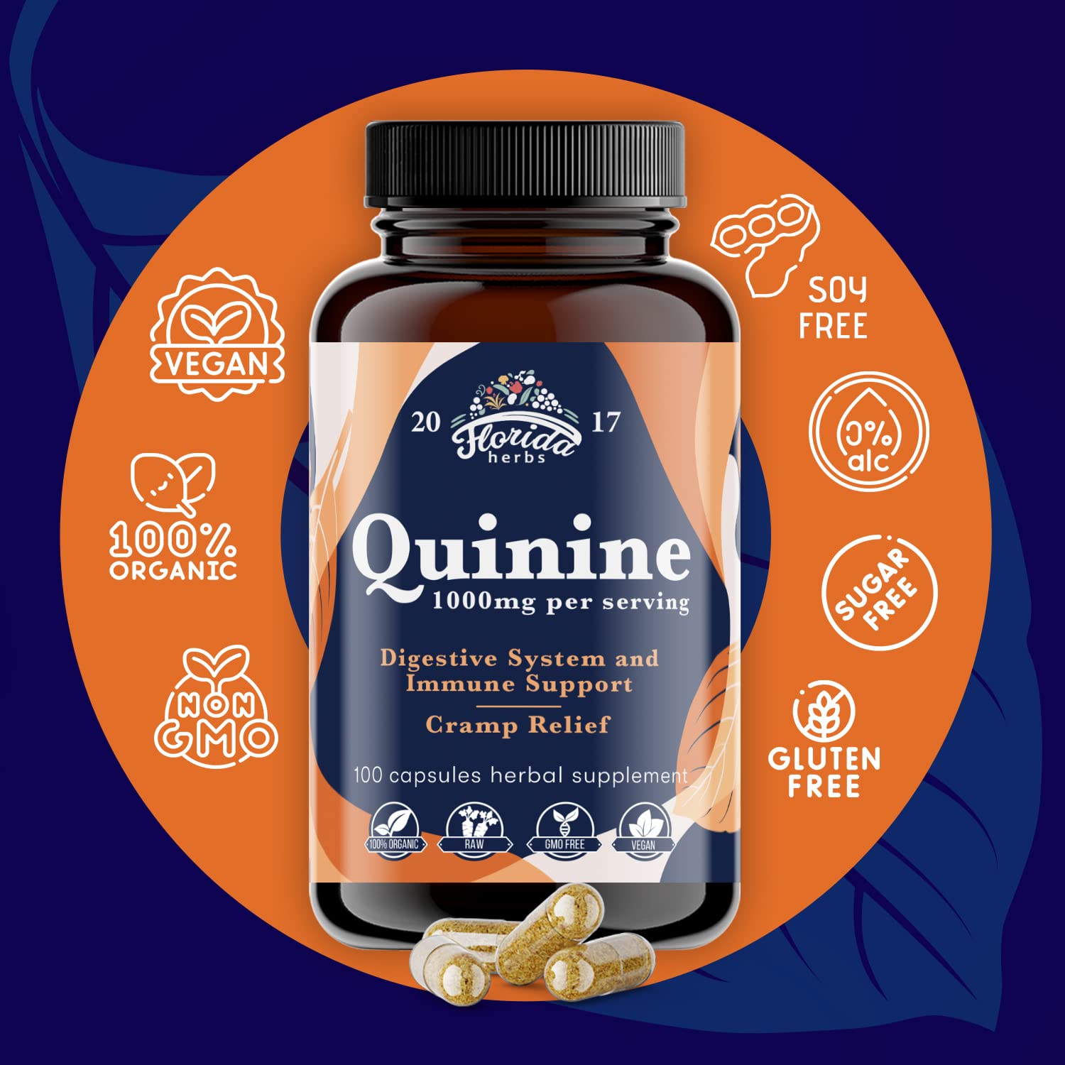FLORIDA HERBS Quinine for Leg Cramps 1000 mg - 110 Capsules - Cinchona Bark Extract Supplement - Quinine Capsules - Vegan, Non - GMO - dailyvitalstore